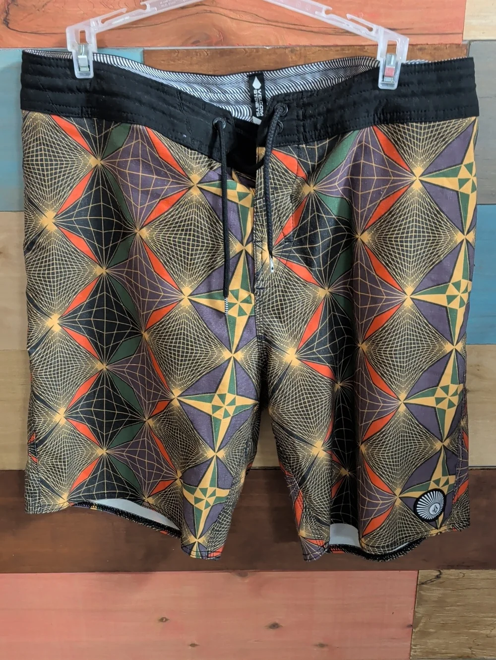 Volcom Men's Swim Board Shorts - Black with Orange, Green & Purple Geometric